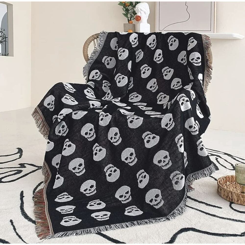 Boho Reversible Skull Throw Blanket Washable Cotton Tapestry Goth Room Decor NEW